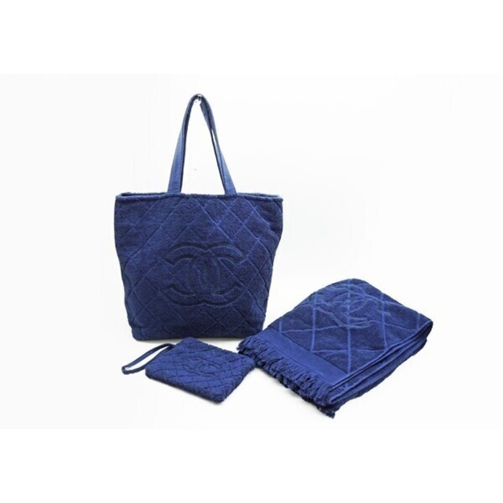 CHANEL terry beach tote pouch blanket bag Navy Blue